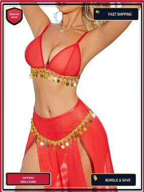 3 Piece Mesh Babydoll Lingerie Set High Slit Maxi Skirt Sequin Fringe